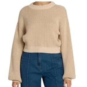 Cleobella Sydney Sweater Hand Knit Cotton Crew Two Tone Ivory Stripe Size L NWT